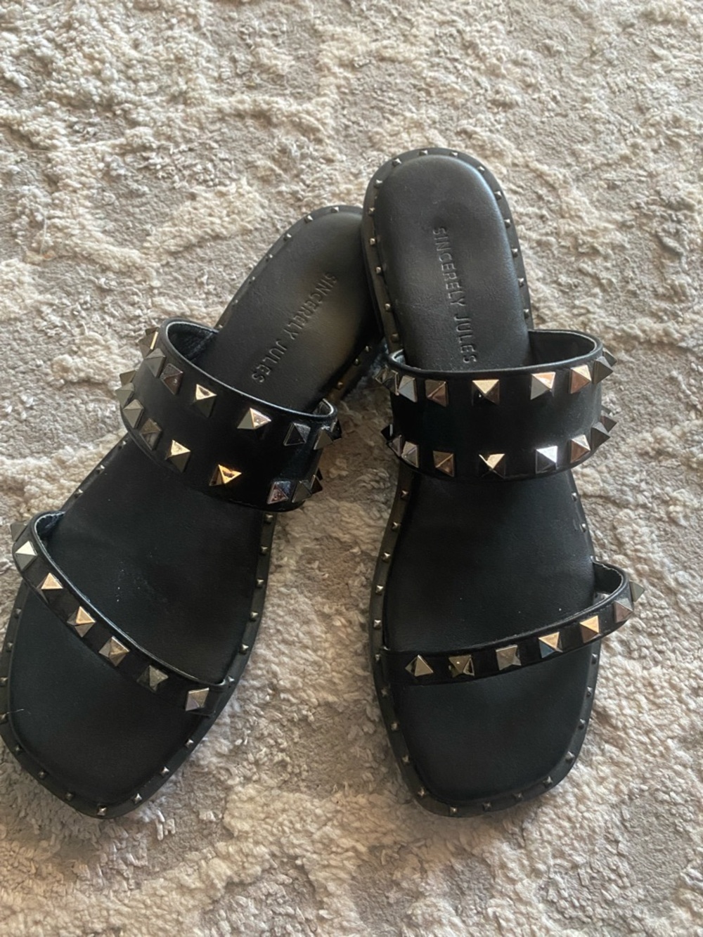 Sincerely Jules Black Studded Double-Strap Slide Sandals